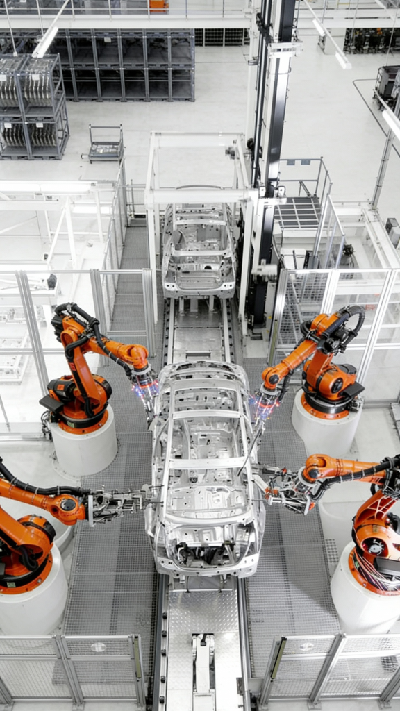 jimeng 2025 12 18 2546 保持原有的汽车生产线场景和构图，调整为竖版比例