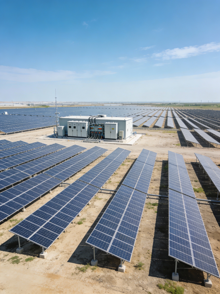 jimeng 2025 12 18 5678 真实摄影风格，工业美学，电气新能源应用场景，大型太阳能光伏电站的全景视图，成片的...